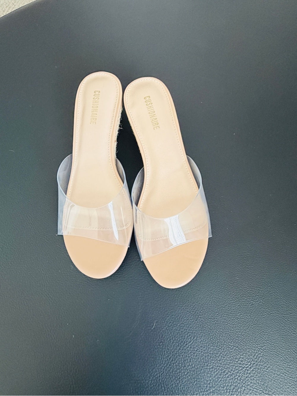 Cushionaire Clear Strap Nude Wedge Slides
